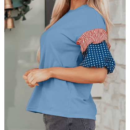 RTS Alana Beau Blue Stars Stripes Short Puff Sleeve Top