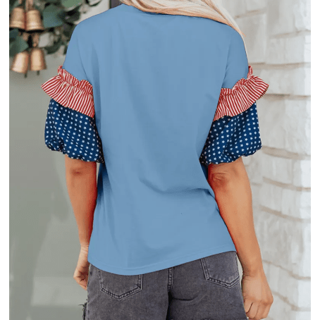RTS Alana Beau Blue Stars Stripes Short Puff Sleeve Top