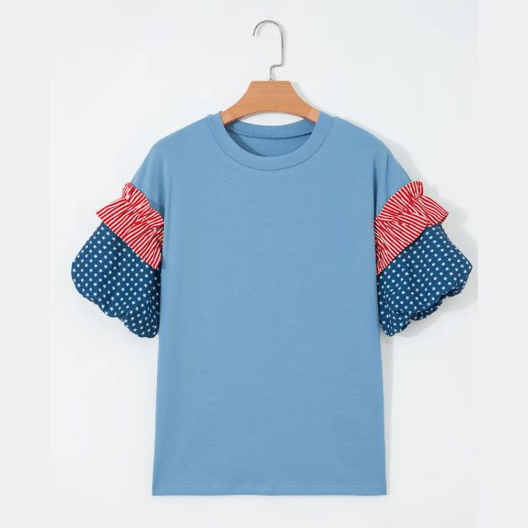 RTS Alana Beau Blue Stars Stripes Short Puff Sleeve Top