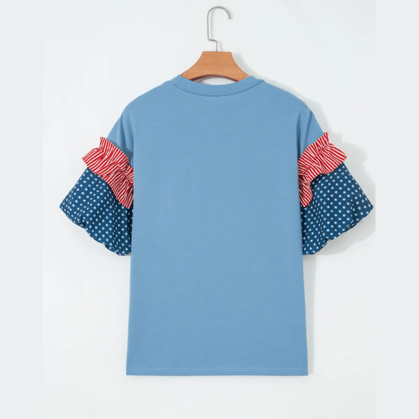 RTS Alana Beau Blue Stars Stripes Short Puff Sleeve Top