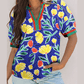 RTS Blue Wild Floral Printed Contrast Striped Patchwork V Neck Short Sleeve Blouse