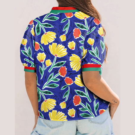 RTS Blue Wild Floral Printed Contrast Striped Patchwork V Neck Short Sleeve Blouse