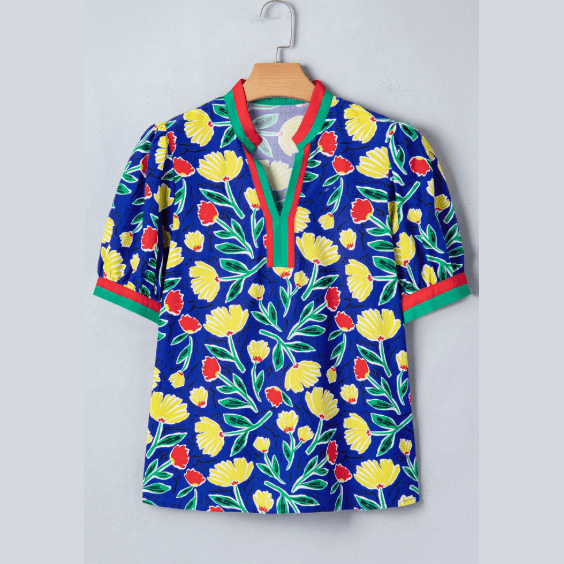 RTS Blue Wild Floral Printed Contrast Striped Patchwork V Neck Short Sleeve Blouse