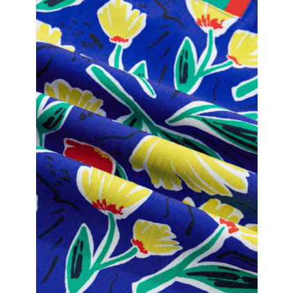 RTS Blue Wild Floral Printed Contrast Striped Patchwork V Neck Short Sleeve Blouse