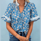 RTS Blue Floral Print Button Tie Neck Striped Detail Short Sleeve Blouse
