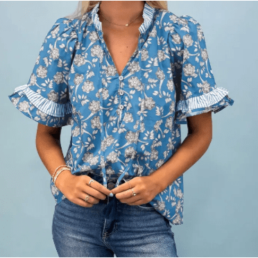 RTS Blue Floral Print Button Tie Neck Striped Detail Short Sleeve Blouse