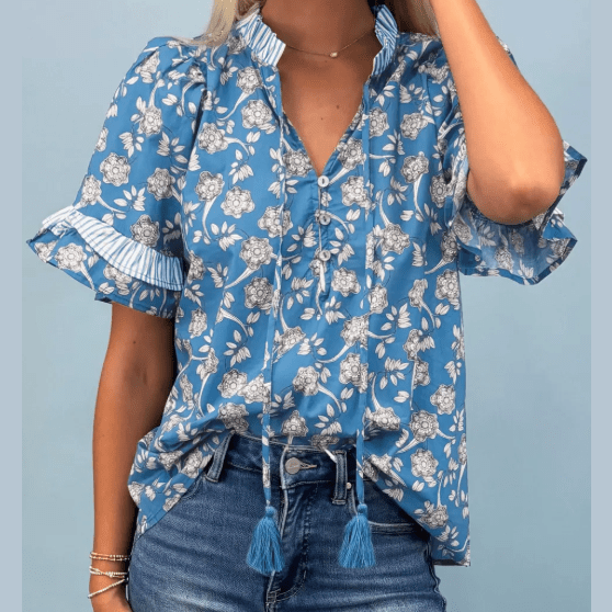 RTS Blue Floral Print Button Tie Neck Striped Detail Short Sleeve Blouse