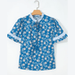 RTS Blue Floral Print Button Tie Neck Striped Detail Short Sleeve Blouse