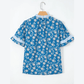 RTS Blue Floral Print Button Tie Neck Striped Detail Short Sleeve Blouse
