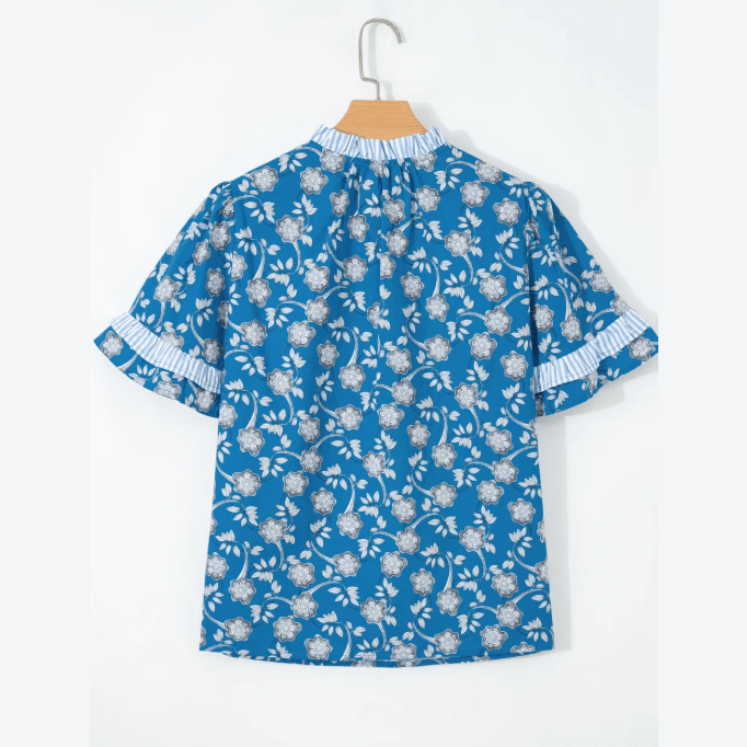 RTS Blue Floral Print Button Tie Neck Striped Detail Short Sleeve Blouse