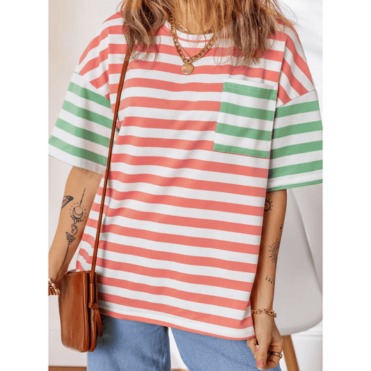 RTS Pink Stripe Drop Shoulder Casual T Shirt