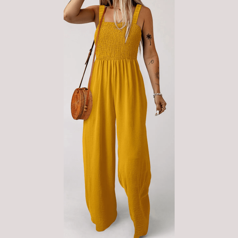 Kress Smocked Sleeveless Wide Leg Jumpsuit with Pockets