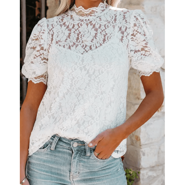 Viola White High Neck Lace Short Sleeve Blouse