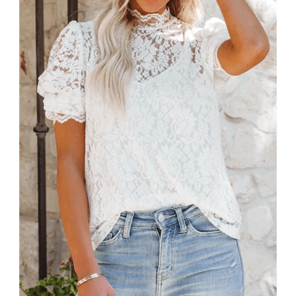 Viola White High Neck Lace Short Sleeve Blouse