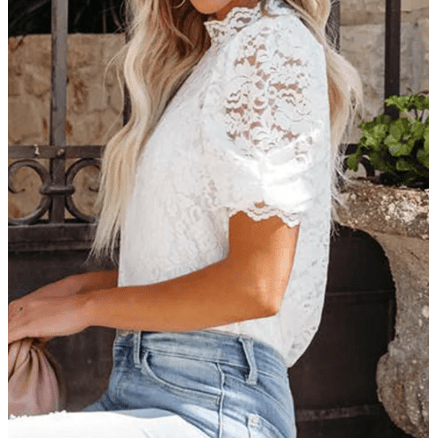 Viola White High Neck Lace Short Sleeve Blouse