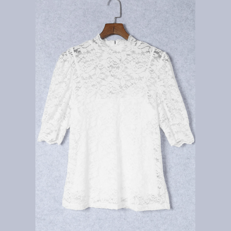 Viola White High Neck Lace Short Sleeve Blouse