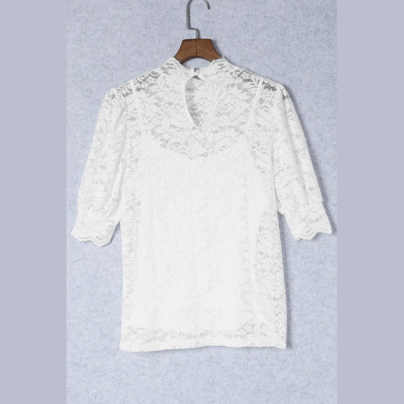 Viola White High Neck Lace Short Sleeve Blouse