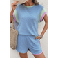 Yasmine Beau Blue Corded Knit Contrast Trim Round Neck Cap Sleeve 2pcs Short Set