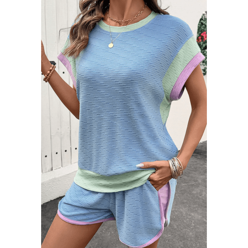 Yasmine Beau Blue Corded Knit Contrast Trim Round Neck Cap Sleeve 2pcs Short Set