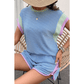 Yasmine Beau Blue Corded Knit Contrast Trim Round Neck Cap Sleeve 2pcs Short Set