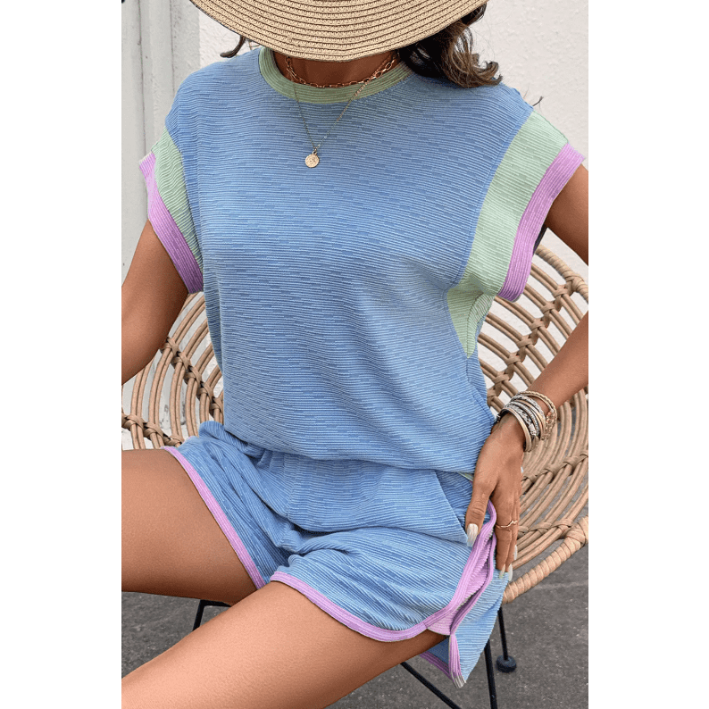Yasmine Beau Blue Corded Knit Contrast Trim Round Neck Cap Sleeve 2pcs Short Set