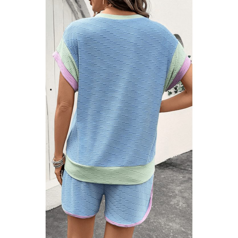 Yasmine Beau Blue Corded Knit Contrast Trim Round Neck Cap Sleeve 2pcs Short Set