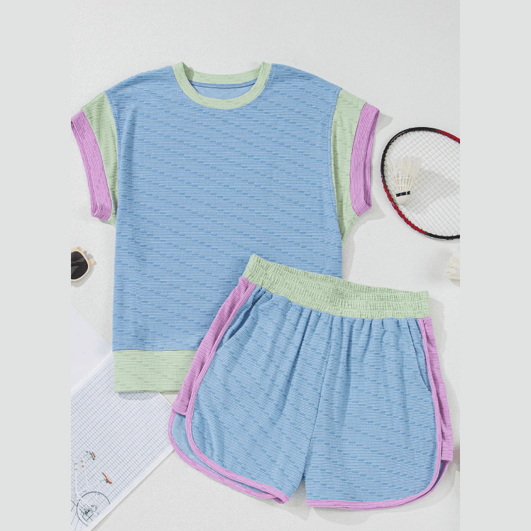 Yasmine Beau Blue Corded Knit Contrast Trim Round Neck Cap Sleeve 2pcs Short Set