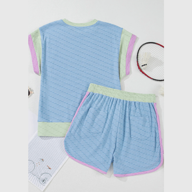Yasmine Beau Blue Corded Knit Contrast Trim Round Neck Cap Sleeve 2pcs Short Set