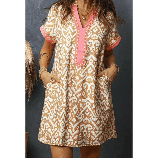 Zada Khaki Western Fashion Print Striped Color Block Patchwork Shift Mini Dress