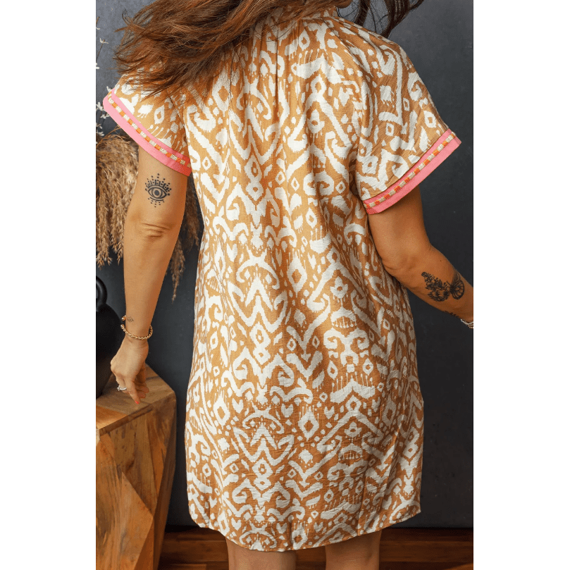 Zada Khaki Western Fashion Print Striped Color Block Patchwork Shift Mini Dress