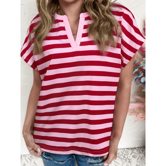 Bayleigh Pink Stripe Split V Neck Casual T Shirt