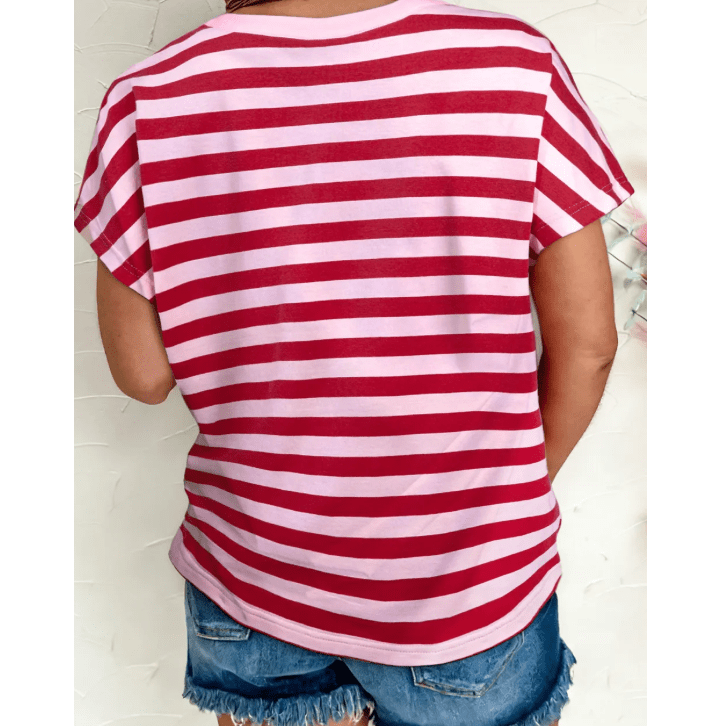 Bayleigh Pink Stripe Split V Neck Casual T Shirt