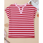 Bayleigh Pink Stripe Split V Neck Casual T Shirt