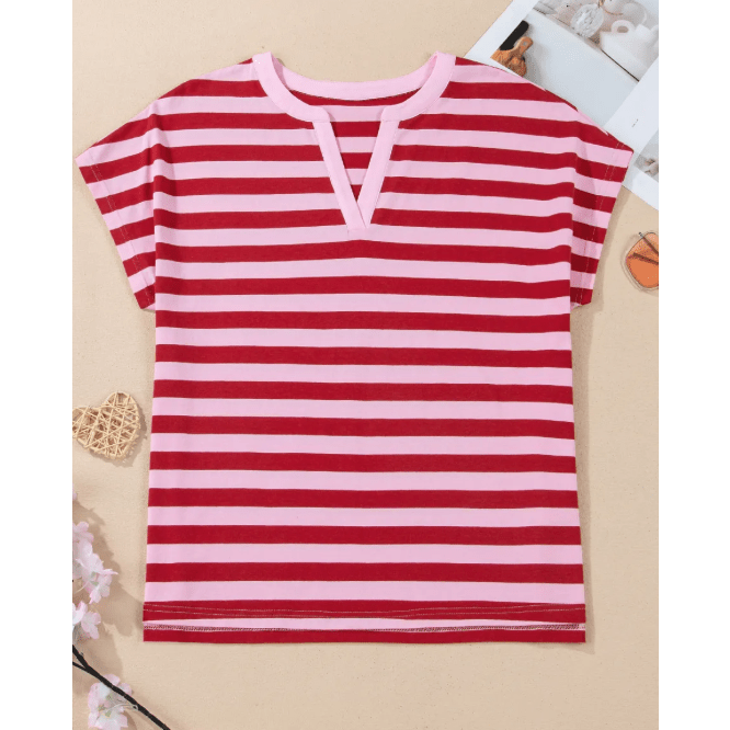 Bayleigh Pink Stripe Split V Neck Casual T Shirt