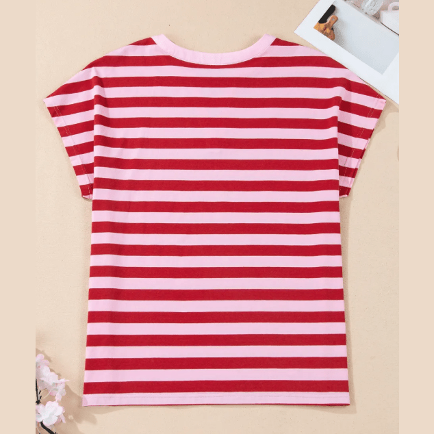Bayleigh Pink Stripe Split V Neck Casual T Shirt