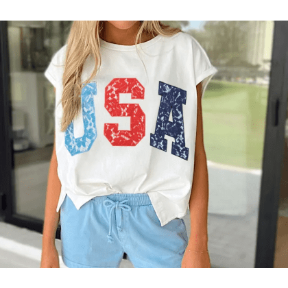 White USA Color Block Letter Printed Dolman Tee