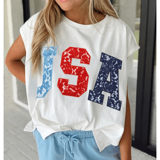 White USA Color Block Letter Printed Dolman Tee