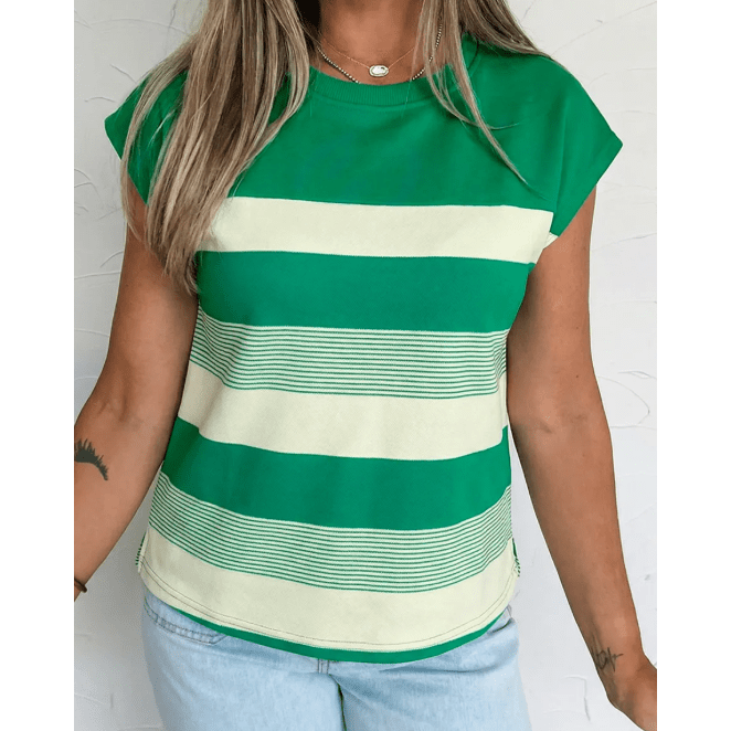 Celestia Green Stripe Mixed Print Crew Neck Cap Sleeve T Shirt