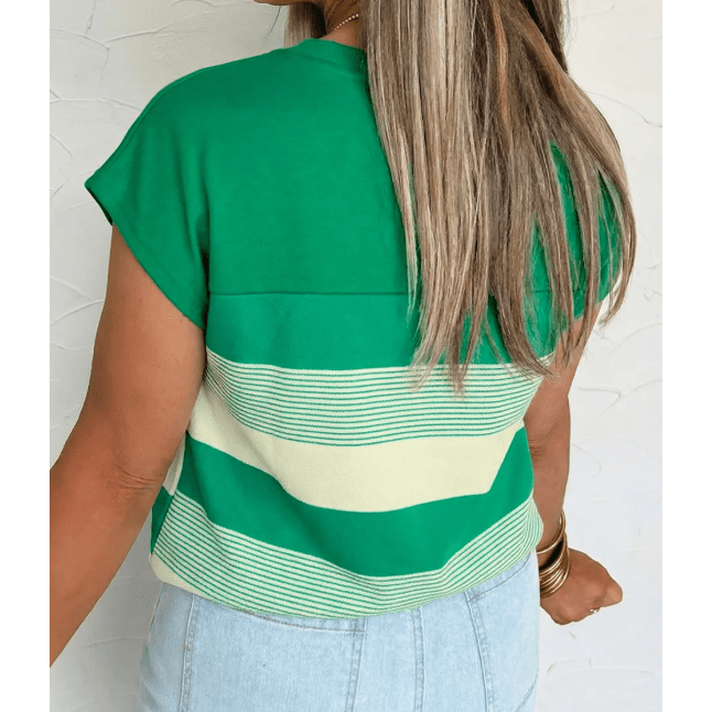 Celestia Green Stripe Mixed Print Crew Neck Cap Sleeve T Shirt