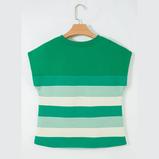 Celestia Green Stripe Mixed Print Crew Neck Cap Sleeve T Shirt
