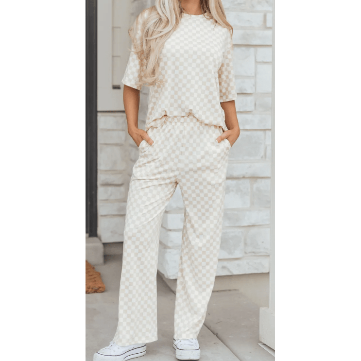 Addyson Khaki Checkered Print Half Sleeve Tee 2pcs Lounge Pant Set
