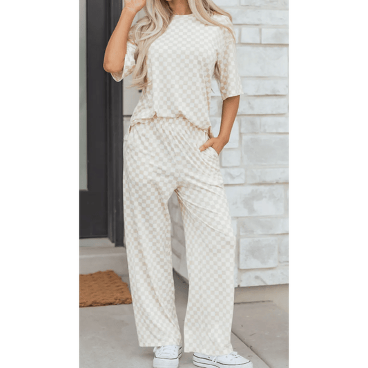 Addyson Khaki Checkered Print Half Sleeve Tee 2pcs Lounge Pant Set