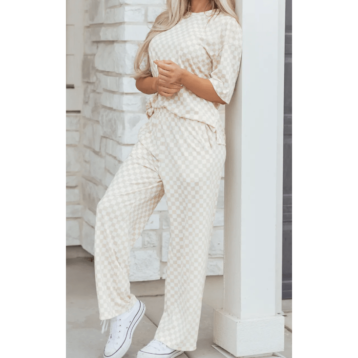 Addyson Khaki Checkered Print Half Sleeve Tee 2pcs Lounge Pant Set