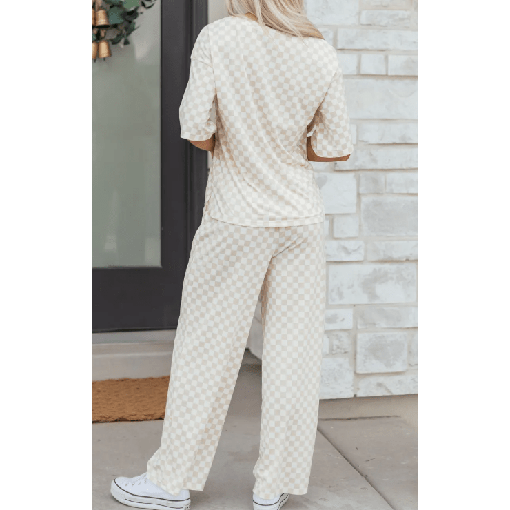 Addyson Khaki Checkered Print Half Sleeve Tee 2pcs Lounge Pant Set