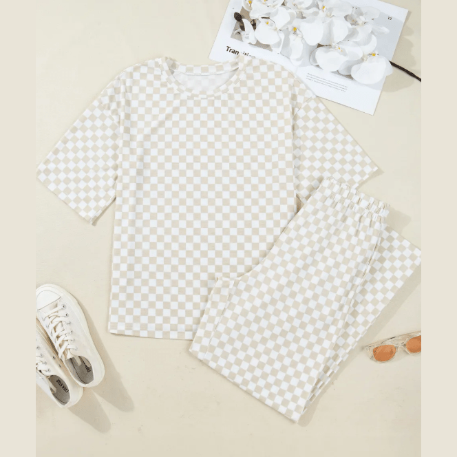 Addyson Khaki Checkered Print Half Sleeve Tee 2pcs Lounge Pant Set