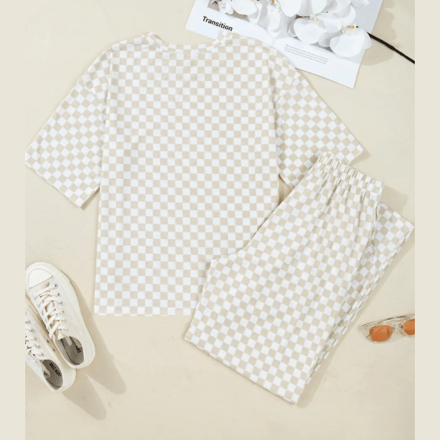 Addyson Khaki Checkered Print Half Sleeve Tee 2pcs Lounge Pant Set