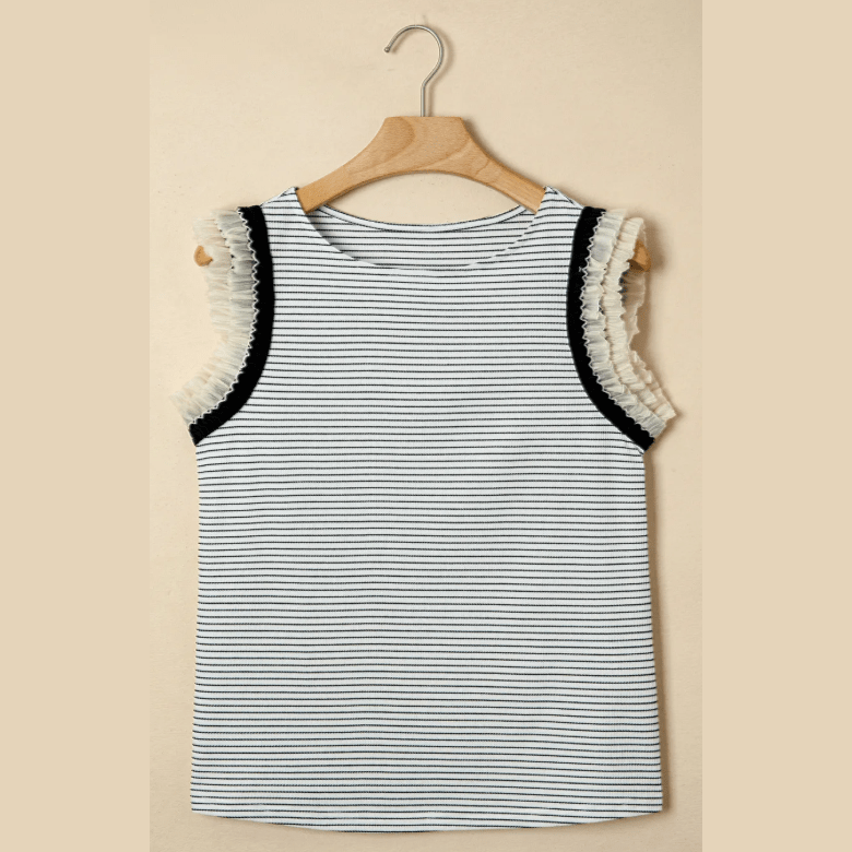Kaitlynn Black Stripe Contrasted Ruffle Trim Casual Tank Top
