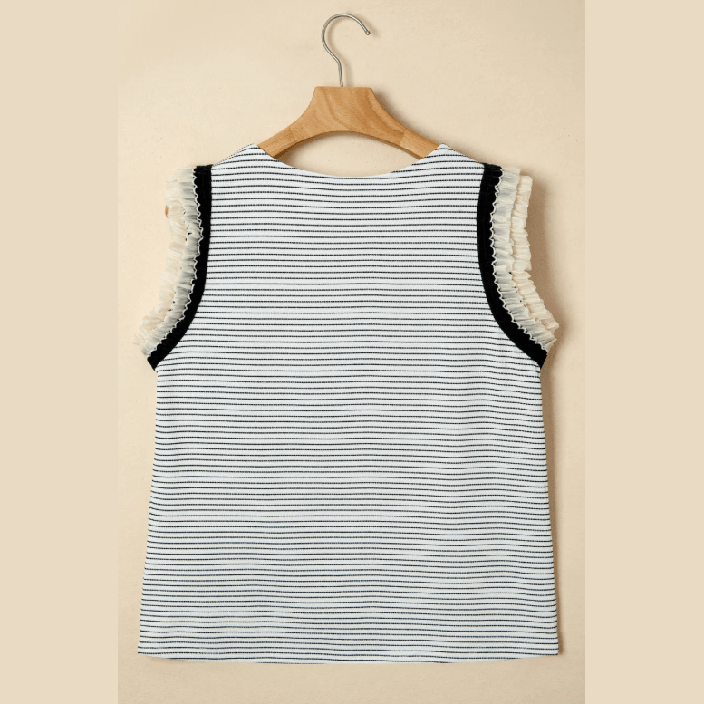 Kaitlynn Black Stripe Contrasted Ruffle Trim Casual Tank Top