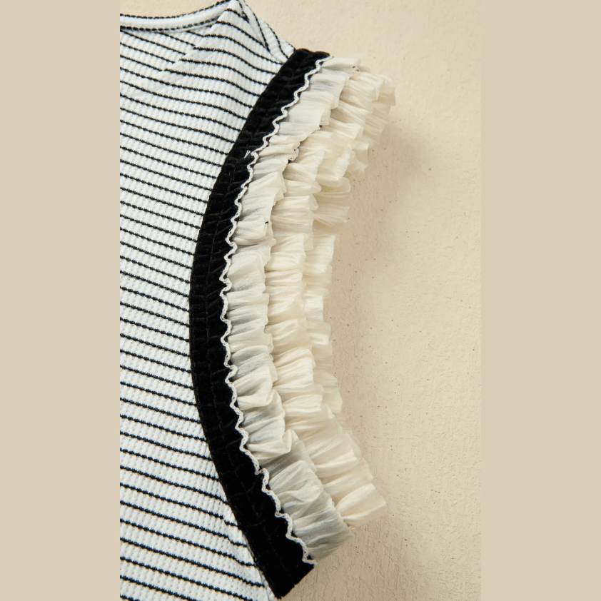 Kaitlynn Black Stripe Contrasted Ruffle Trim Casual Tank Top