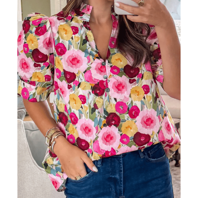 Paxie Pink Floral Frilled V Neck Puff Short Sleeve Blouse